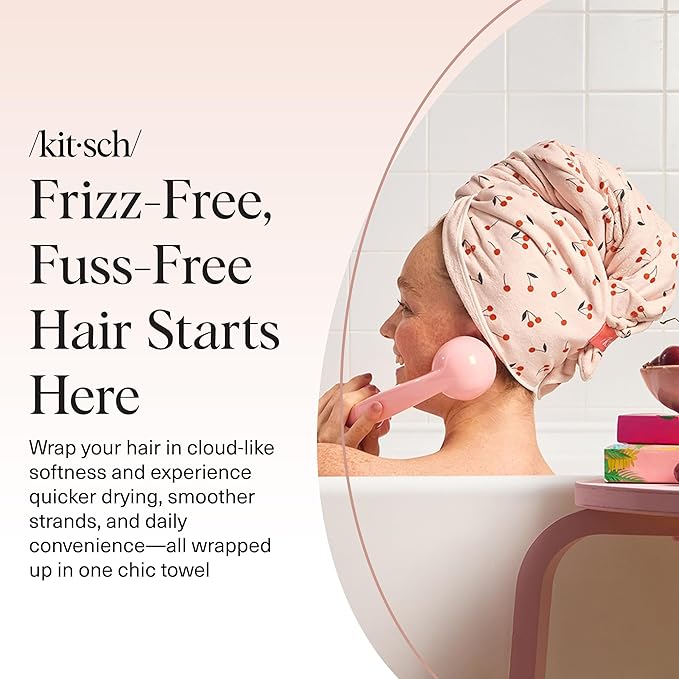 Kitsch XL Microfiber Hair Towel Wrap for Women – Ultra Absorbent Microfiber Towel for Wet, Curly, Long or Short Hair – Quick Dry, Anti-Frizz Hair Wrap – Cherry Print, 40x24 inches