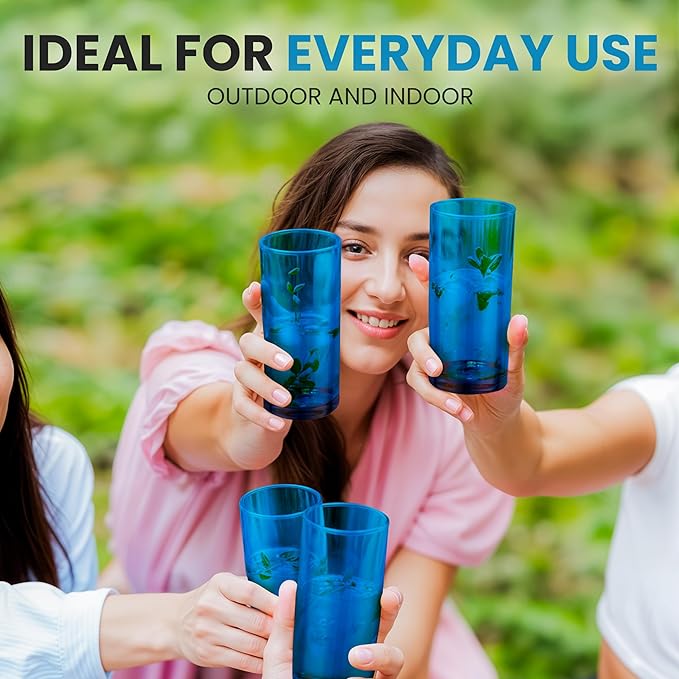 Zulay Kitchen Acrylic Glasses Drinkware - 6 Piece Unbreakable Plastic Tumblers - BPA-Free, Reusable Plastic Drinking Glasses for Home & Outdoors - Stackable, Lead-Free, Dishwasher Safe, Blue (24oz)