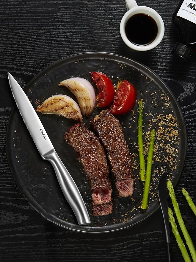 Aiheal Steak Knives Set of 8 with Clear Acrylic Stand, Stainless Steel Steak Knife Set, Sharp Micro-Serrated Steak Knives, Easy to Store