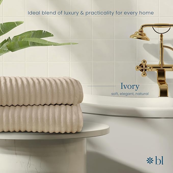 Blue Loom Ribbed Bath Towels Set, 100% Cotton 600 GSM, Soft Absorbent Durable Quick Drying 2 Bath Towels for Bathroom - Mason Set of 2 Ivory Beige (58" x 30" Inch)