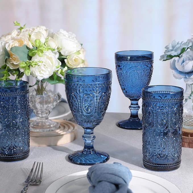 Blue Drinking Highball Beverage Glass Cup, Vintage Drinking Glasses, Colored Glassware Set for Party Wedding, Home, Office, Water, Juice, Cocktail, Highball Glasses Set of 4