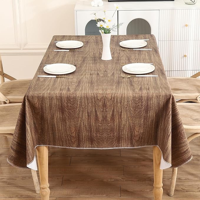 Walrus Heavy Duty Vinyl Tablecloth with Flannel Backing Waterproof Oil-Proof Plastic Table Cloth Stain-Resistant Wipeable Rectangle or Square Table Cover for Indoor and Outdoor (Wood, 60X102 Inch)