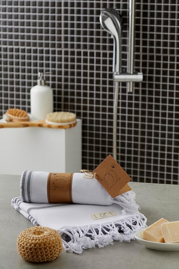 Hand Towels - Set of 2, 18" x 30" inches, Decorative Peshtemal Cotton Hand Towels for Kitchen, Bath, Guest, Face, Hair, Gym, Yoga, Dishcloth, Travel (White)