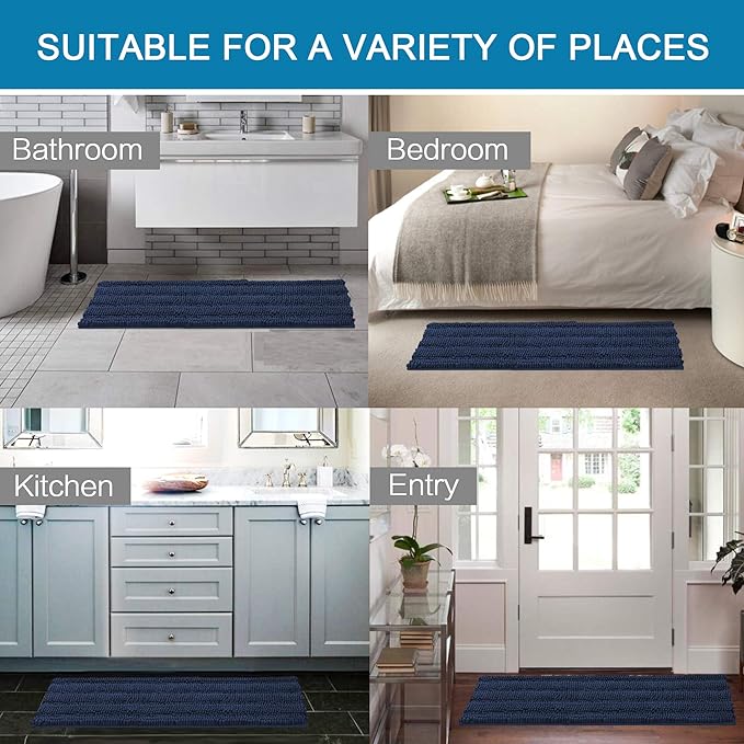 H.VERSAILTEX Bathroom Rugs Bath Rug Set 2 Piece Bathroom Contour Rug Toilet Mat Sets Non Slip Contour Bath Rug Ultra Thick Water Absorbent Striped Bath Mats Washable(47" x 17" Plus 20" x 20" U, Navy)