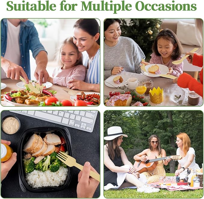 ECOLipak 300 Count Bamboo Cutlery Set, 100 Knives, Forks and Spoons each, No Splinters Disposable Cutlery Set Compostable Utensils for Party, Camping, Traveling, Family Dinners