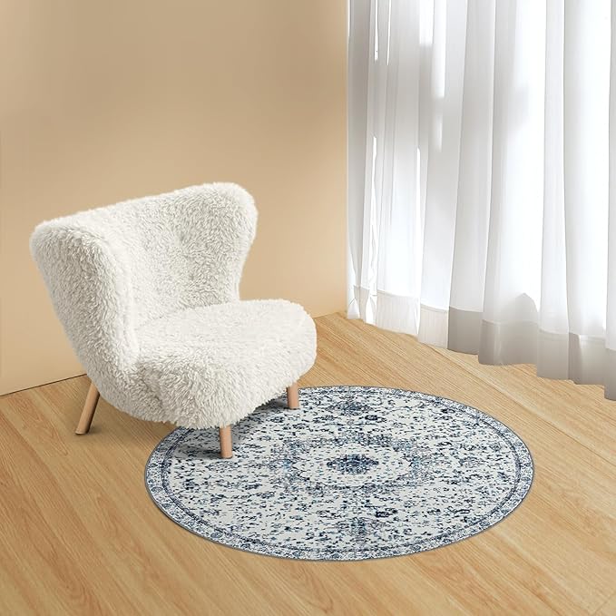Easy-Going Round Area Rug 3ft Washable Boho Small Circle Rugs for Living Room Non-Slip Bedroom Rug Low Pile Lightweight Floral Print Vintage Throw Rug for Dining Room Kitchen Home Office, Blue Cream