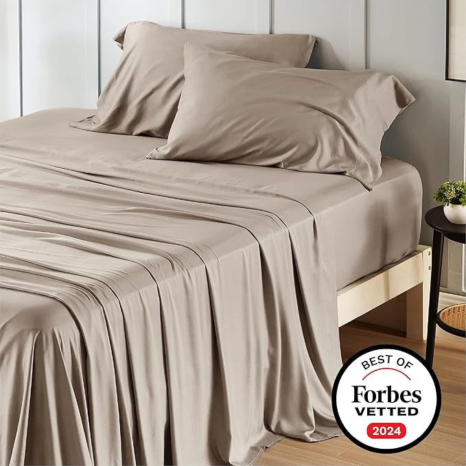 Bedsure Queen Sheet Set, Rayon Derived from Bamboo, Cooling Sheets, Breathable & Soft, Deep Pocket Up to 16 Inches, Hotel Luxury Silky Bedding for Hot Sleepers, Simply Taupe