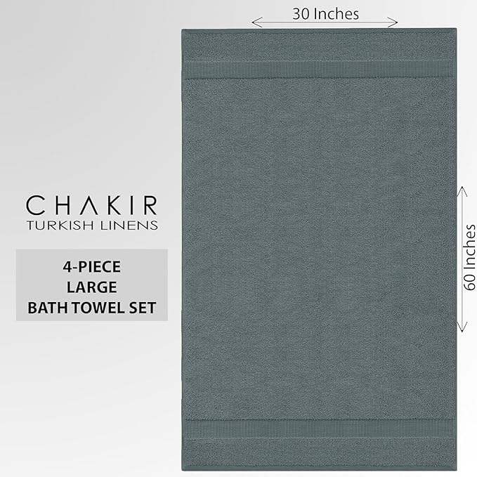 Chakir Turkish Linens 100% Cotton Premium Turkish Towels for Bathroom | 30'' x 60'' Large Bath Towels (4 Piece, Dark Gray)