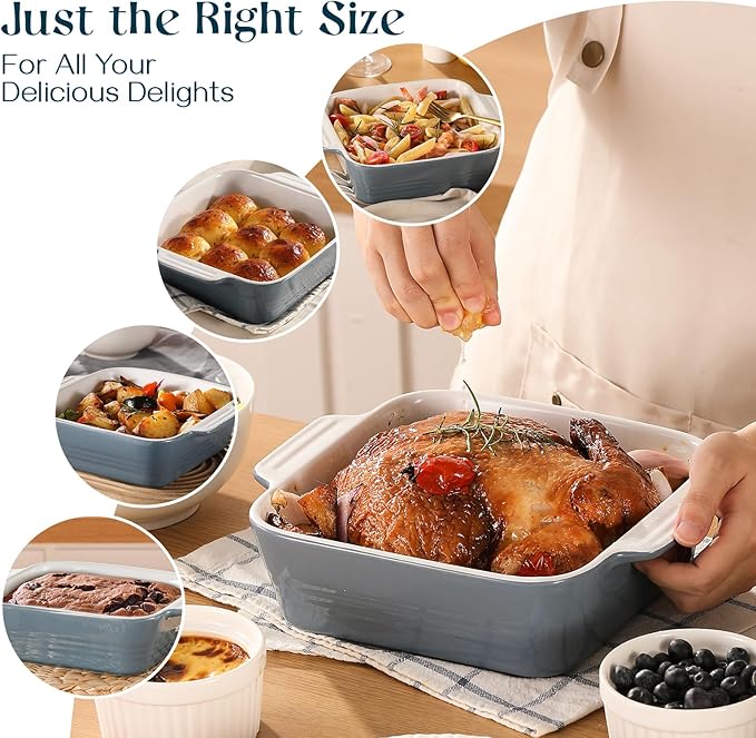 DOWAN 8x8 Baking dish, Square Baking Pan, Ceramic Casserole Dishes for Oven, Cake Pan with Handle, for Brownie, Lasagna, Casserole, 2 Quart, Home Gift, Airy Blue