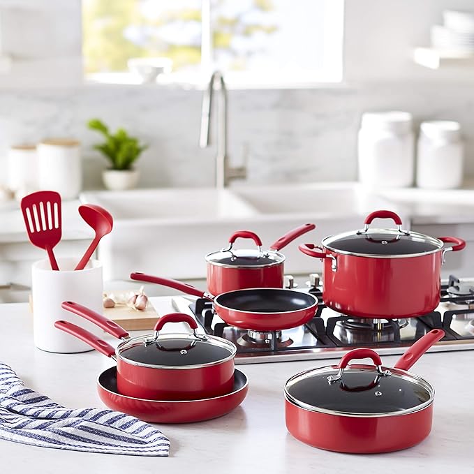 Amazon Basics Aluminum NS 12pc Red cookware set, 12 piece