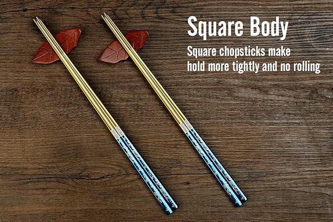 Metal Chopsticks Titanium Plated Stainless Steel Chopsticks Reusable Dishwasher safe Japanese Korean Chopstick lightweight Laser Engraved Anti-slip Chop sticks for Eating 2 Pairs Gift Set Blue Gold