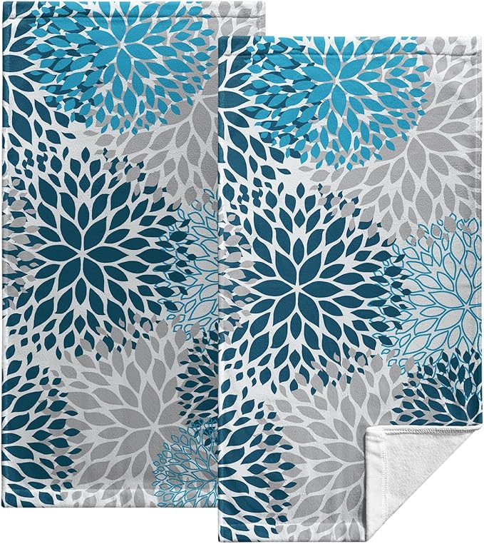 Blue Gray Dahlia Flowers Hand Towels Navy Floral Kitchen Towel Soft Decorative Dish Towels Absorbent Durable Tea Towel Set for Bathroom Kitchen Decor Hotel