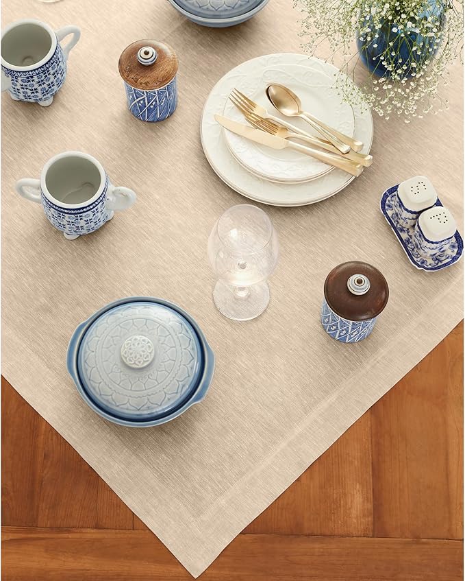 Solino Home Linen Cloth Tablecloth 52 x 52 Inch - 100% Pure Linen Champagne Beige Square Tablecloth - Athena, Machine Washable Table Throw for Holiday