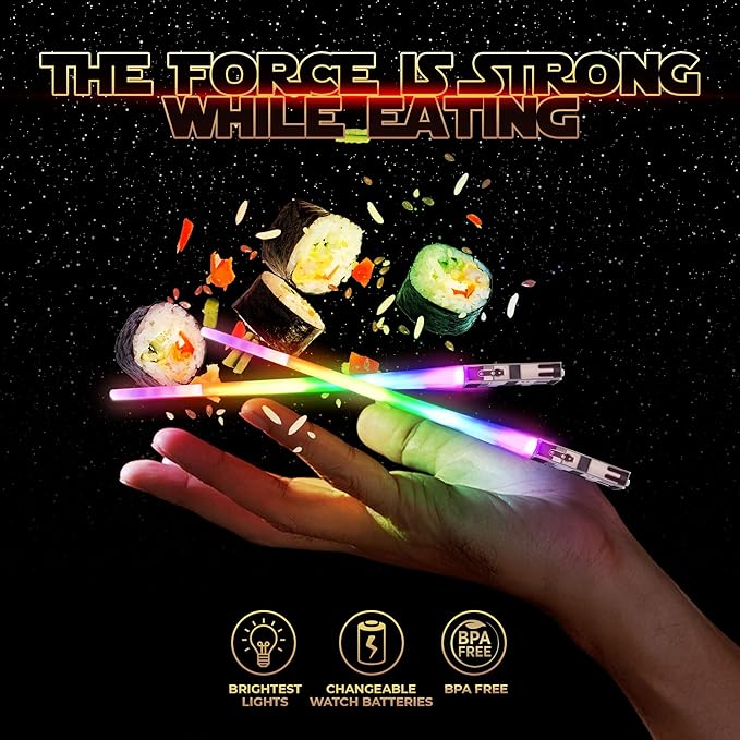 Lightsaber Chopsticks Light Up, STAR WAR Chopstick – 4 Pairs (Red, Blue, Green, Purple) Frosted Tips, Reusable Glow Chop Sticks, BPA-Free, Gift Carry Case