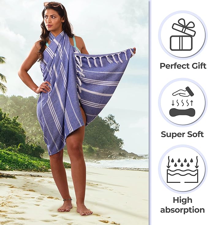 Turkish Beach Towel - Cotton Bathroom Towels Highly-Absorbent Quick Dry Bath Towels 37 x 70 inch Beach Towels Sand-Free Turkish Bath Towel Multipurpose Yoga Towel Beach Blanket (Denim Blue)
