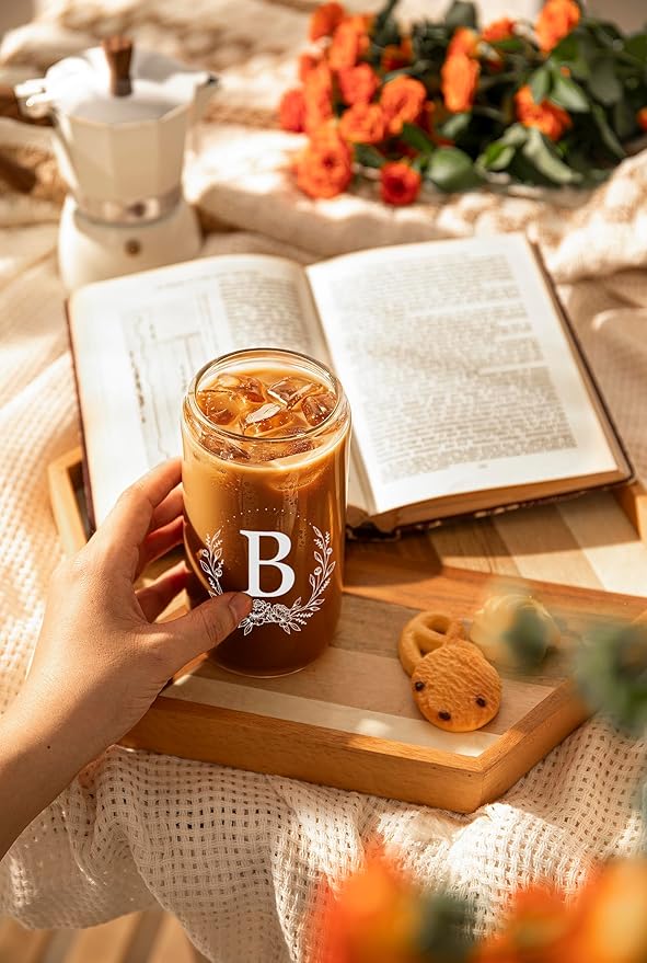 Personalized Gifts for Women, Monogrammed 16oz Glass Cups with Bamboo Lids and Straws, Customized Glass Tumbler, Cute Custom Mug, Customizable Initial Iced Coffee Glasses, Birthday Bridesmaid Mom, B