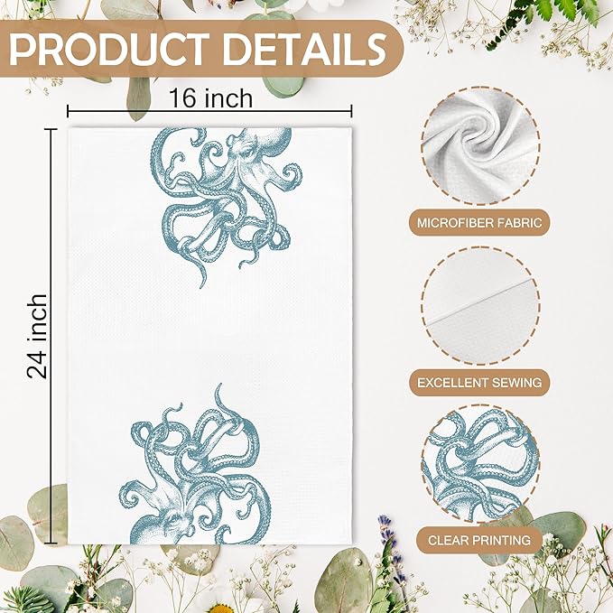 Aqua Teal Coastal Octopus Decor Dish Hand Tea Towels for Bathroom Kitchen, Octopus Ocean Nautical Beachy Bathroom Decor, Coastal Nautical Kitchen Towels and Dishcloths Sets of 2, 16x24 Inch