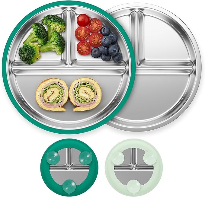 Stainless Steel Kids Plates with Suction - 9" Stainless Steel Toddler Plates with Dividers and Strong Hold Silicone Base - Feeding Dinnerware for Baby, Dishwasher Safe Suction Plate Non Toxic
