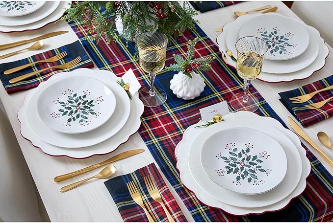 Solino Home Linen Plaid Table Runner 108 Inches Long - 100% Pure Linen Stewart Tartan Plaid Black Table Runner 14 x 108 Inch for Dining, Holiday, Winter, New Year