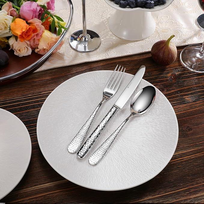 KEAWELL Premium 20/45/65 Piece Louise Hammered Silverware Set with Round Edge, 18/10 Stainless Steel, Service for 4/8/12, Fine Flatware Set, Dishwasher Safe (45)