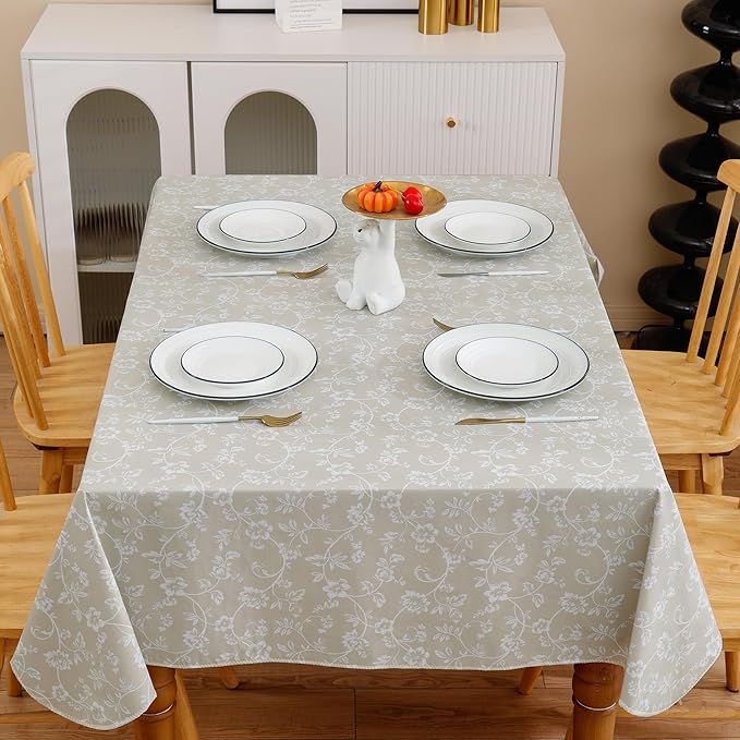 Heavy Duty Vinyl Tablecloth with Flannel Backing Waterproof Oil-Proof Plastic Table Cloth Stain-Resistant Wipeable Rectangle or Square Table Cover for Indoor and Outdoor (Beige Floral,60x84 Inch)