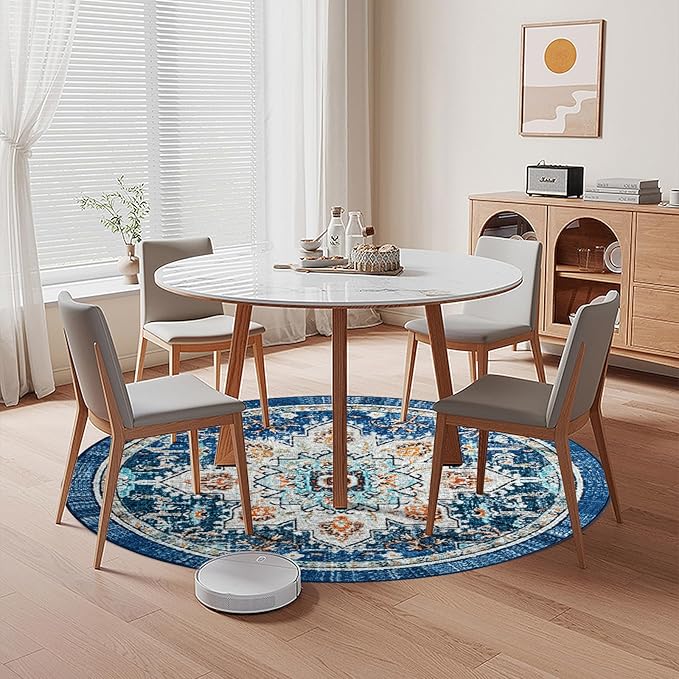 Easy-Going Round Rug 6ft Area Rug Washable Boho Circle Rugs for Living Room Non-Slip Bedroom Rug Low Pile Lightweight Tangerine Vintage Throw Rug for Dining Room Kitchen Office, Floral Aqua Yellow