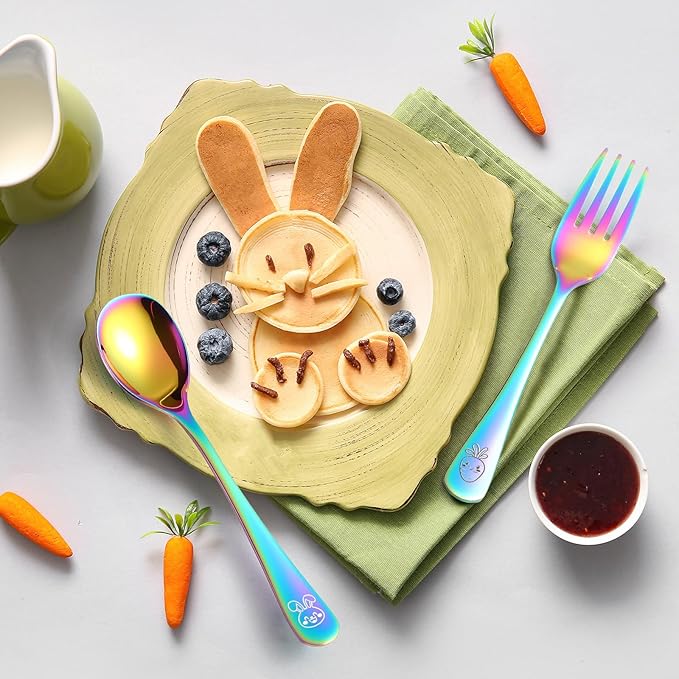 12 Pieces Stainless Steel Rainbow Toddler Utensils Set - Food Grade Kids Silverware Set Children Safe Small Forks and Spoons Mirror Polished Sturdy and Durable Dishwasher Safe