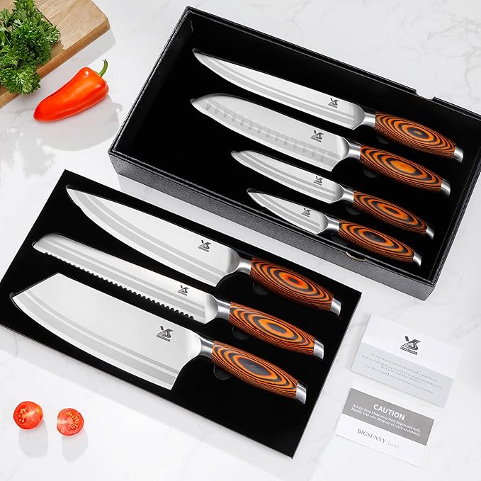 MSY BIGSUNNY 7-PCS Kitchen Knife Set, German Stainless Steel for Chef Knife Set with Pakkawood Handle, Perfect Cutlery Set Gift
