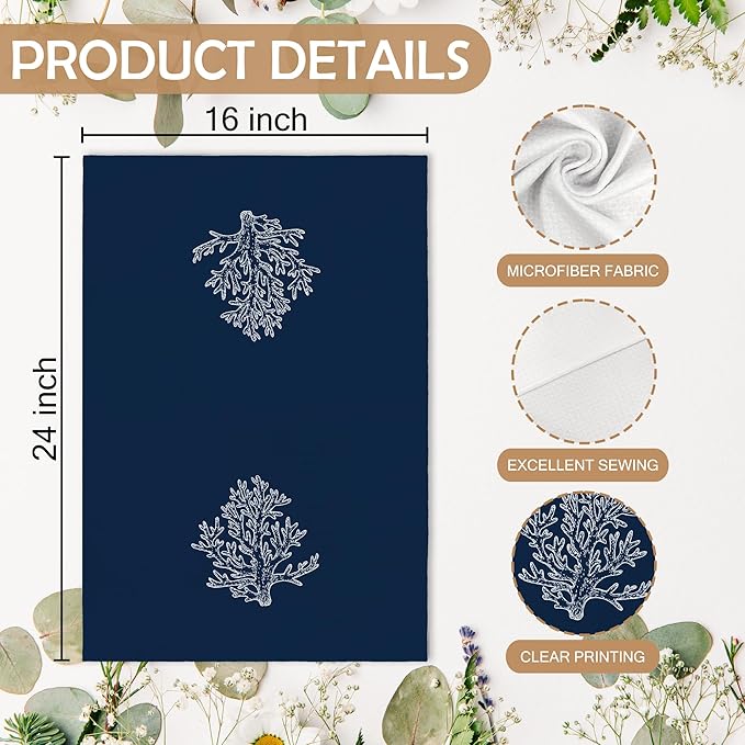Coastal Beach Coral Summer Bathroom Hand Towels Sets of 2, Nautical Beachy Ocean Theme Bathroom Decor Accessories, Coastal Navy Blue Decor Kitchen Dish Tea Towels for Kitchen, 16x24 Inch