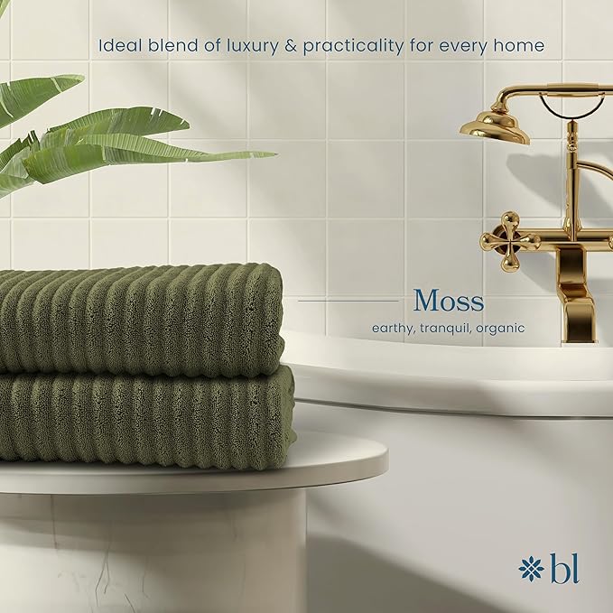 Blue Loom Ribbed Bath Sheet & Towel, 100% Cotton 600 GSM, Soft Absorbent Durable Quick Drying Bath Sheet & Bath Towel Set for Bathroom - Mason Set of 2 Moss Green (65" x 45" & 58" x 30")