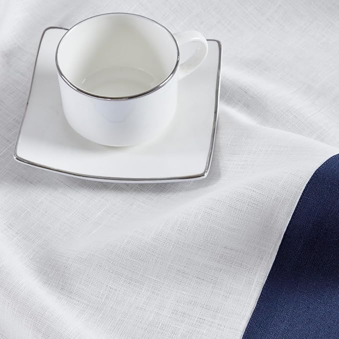 Solino Home Linen Square Tablecloth 52 x 52 Inch - 100% Pure Linen Navy and White Table Throw - Contempo, Machine Washable Table Cloth for Winter