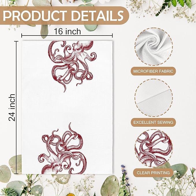 Coastal Red Octopus Beach Decor Dish Hand Tea Towels for Bathroom Kitchen, Octopus Ocean Nautical Beachy Bathroom Decor, Coastal Nautical Kitchen Towels and Dishcloths Sets of 2, 16x24 Inches