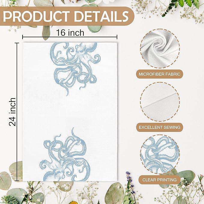 Coastal Light Blue Octopus Beach Decor Dish Hand Tea Towels for Bathroom Kitchen, Girly Octopus Ocean Nautical Beachy Bathroom Decor, Coastal Kitchen Towels and Dishcloths Sets of 2, 16x24 In