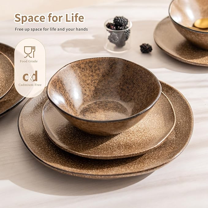 12PCS Stoneware Dinnerware Sets, Plates and Bowls Dish Set for 4, Irregular Vintage Handmade Dinner Ware Dishware for Kitchen Dinning, Microwave & Dishwasher Safe, Brown