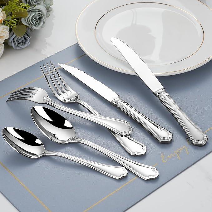 18/10 Stainless Steel Silverware Sets for 12, 60 Piece Flatware Set, Rustic Silverware Set, Pretty Silverware Set, High end Silverware, Ideal For Gift