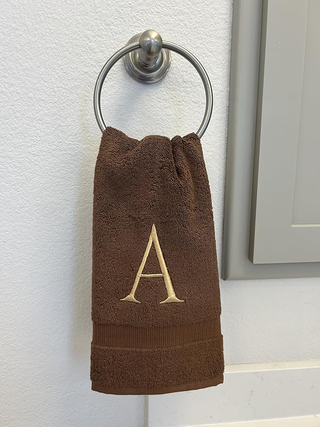 Brown Initial Hand Towel for Bathroom - Monogrammed Luxury Hotel Quality Decorative Embroidered Towel for Powder Room, Spa - GOTS Organic Certified - Set of 2 Beige Letter G