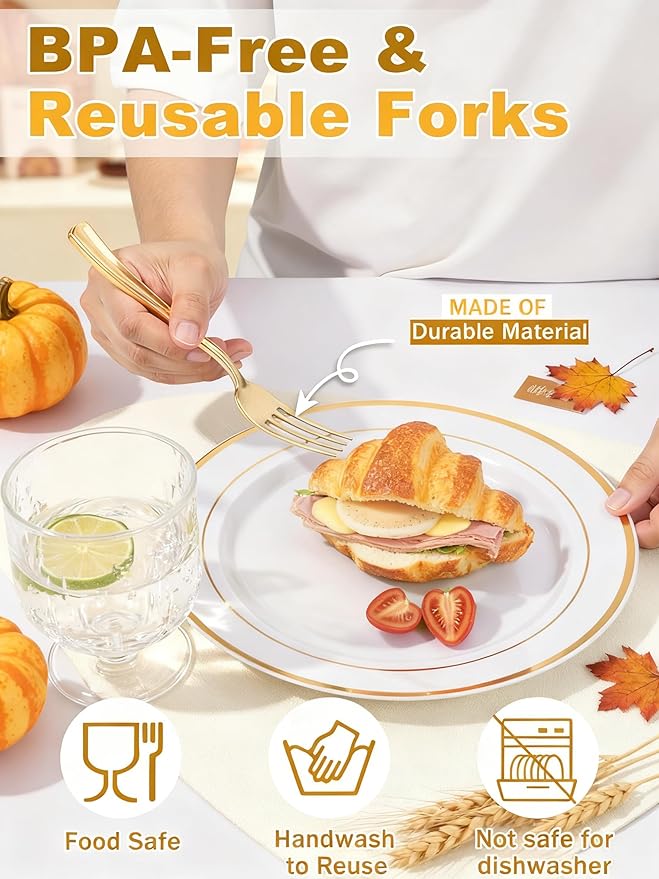 WDF 100 Pcs Gold Plastic Forks Heavy Duty - BPA-FREE, Sturdy&Durable Forks Disposable 7.4inch - Elegant Gold Forks for Dessert, Durable Plastic Cutlery for Thanksgiving Party, Wedding or Daily Using