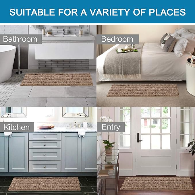 H.VERSAILTEX Bath Rugs for Bathroom Non Slip Bath Mats Extra Thick Chenille Striped Bath Rug Runners 47" x 17" Absorbent Fluffy Soft Shaggy Mats Dry Fast Plush Area Carpet for Bath Room - Taupe Brown