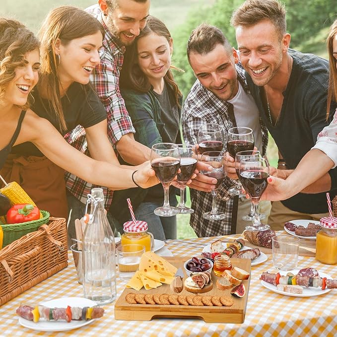 Bamboo Cheese Board and Knife Set with Slid-Out Drawer - Wood Charcuterie Platter Serving Tray for for Wine, Meat & Crackers, Perfect for Wedding Anniversary Housewarming & Entertaining