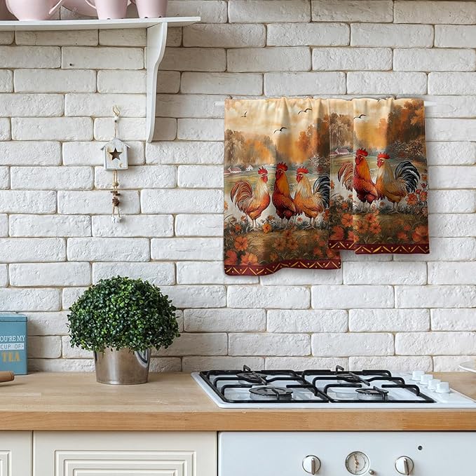 Imiss Farm Chicken Hand Towels Set of 2 Vintage Rooster Floral Bathroom Towel 14.4 x 28.3 Inch Farmhouse Rustic Kitchen Tea Dish Cloth for Guest Spa Home Housewarming Gift