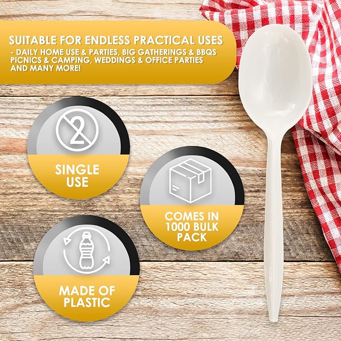 PAMI 1000 Plastic Soup Spoons Bulk Disposable White Medium Weight Durable Single-Use Cutlery for Parties Catering Food Service