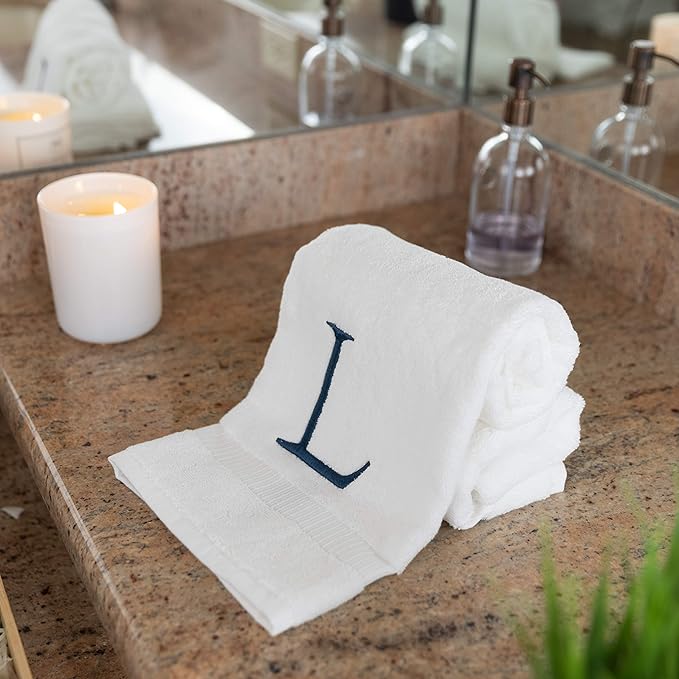 Monogrammed Hand Towels for Bathroom - Luxury Hotel Quality Personalized Initial Decorative Embroidered Bath Towel for Powder Room, Spa - GOTS Organic Certified - Set of 2 Navy Letter L