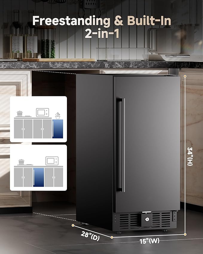 15 Inch Under Counter Beverage Fridge, 127 Cans Beverage Cooler for Built-in & Freestanding, Beer Fridge for Soda, Water, Wine - Home, Bar or Office (Black)