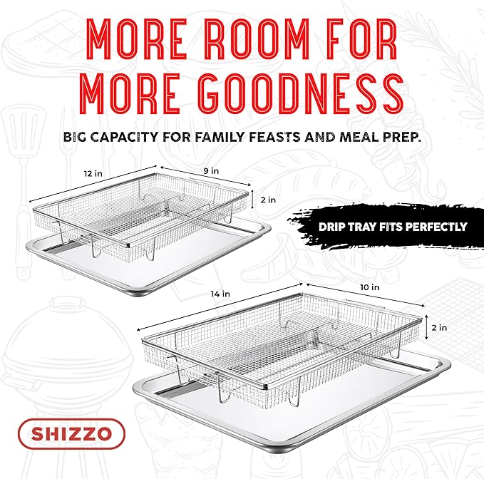 Air Fryer Basket for Oven(Set of 2) – Stainless Steel Air Fryer Tray and Pan Set with 50 Parchment Papers & Food Tongs – Oven Air Fryer Basket and Tray for Baking, Grilling, Crisping