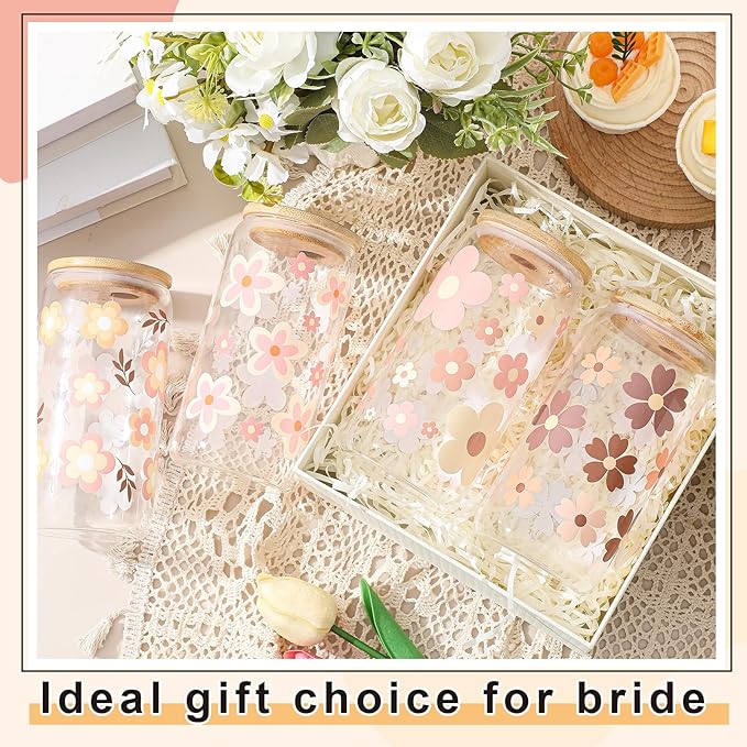 Mumufy Gift for Women Cute Glass Cup Tumbler Flower Iced Coffee Mugs 16 oz Glass with Bamboo Lid & Straw, Mothers Day Birthday Gift for Mom Sister Bridesmaid Baby Shower(4 Pack,Cute Boho)