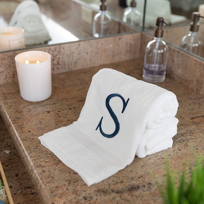 Monogrammed Hand Towels for Bathroom - Luxury Hotel Quality Personalized Initial Decorative Embroidered Bath Towel for Powder Room, Spa - GOTS Organic Certified - Set of 2 Navy Letter S