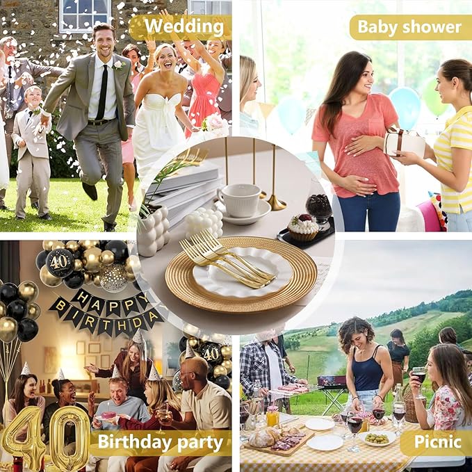 N9R 100PCS Gold Plastic Forks, Solid, Durable and Heavy Duty Gold Plastic Forks Disposable, Perfect Utensils for Parties, Weddings, Thanksgiving, Picnics, Christmas and Daily Use