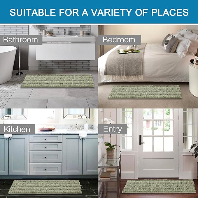 H.VERSAILTEX Bathroom Rug Sets 2 Piece Bath Mats Non Slip Thick Soft Chenille Striped Bath Rug achine Washable Shower Floor Rugs for Tub, Shower and Floor (Eucalyptus Green, 47" x 17"/17" x 24")