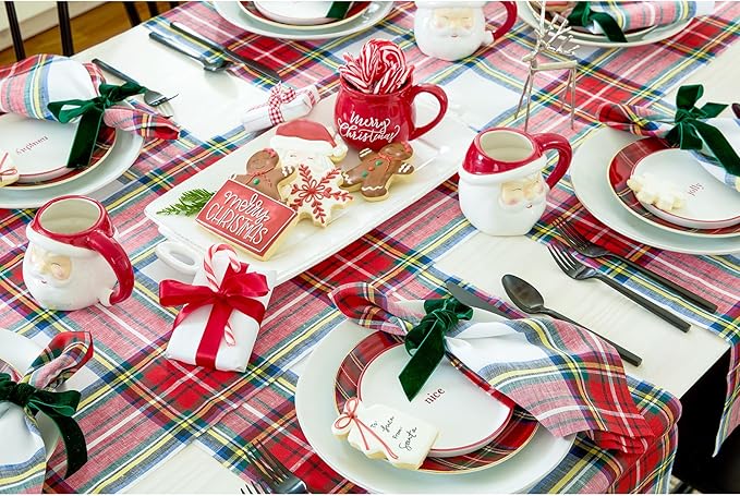 Solino Home Linen Stewart Plaid Table Runner 144 Inches Long - 100% Pure Linen White Tartan Plaid Table Runner 14 x 144 Inch for Dining, Holiday, New Year, Winter