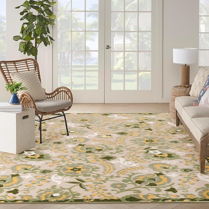 Nourison Home Aloha Ivory Green 10' x 14' Area Rug - Easy Clean, Non Shedding, Bed Room, Living Room, Dining Room, Kitchen (10' x 14')